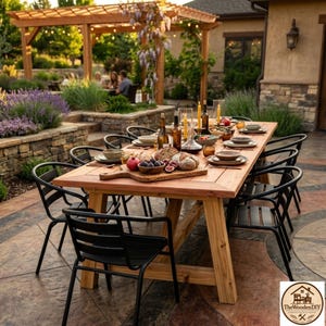 Puede incluir: Una gran mesa de comedor rectangular de madera con acabado natural y patas robustas en forma de A, rodeada de diez sillas de metal negro. La mesa está dispuesta con platos de cerámica, cristalería, velas y una tabla de madera con pan y fruta.