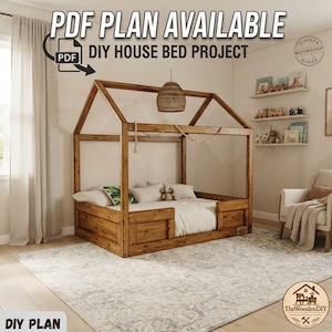 May include: A wooden house-shaped bed frame with a natural brown finish, featuring a peaked roof structure, low side panels, and a white mattress with pillows. The text PDF PLAN AVAILABLE DIY HOUSE BED PROJECT is displayed at the top.
