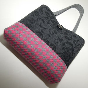 Tote Bag / Houndstooth Bag / Patchwork Bag, Handmade from Durable Wool Blend Fabrics with Woven Floral Pattern & Fuchsia Houndstooth Gusset