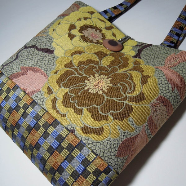 Tote Patchwork Bag Handmade from Upholstery Fabric with Colorful Woven Floral Pattern, Embroidered Ribbon, Multi Color Plaid Gusset & Straps