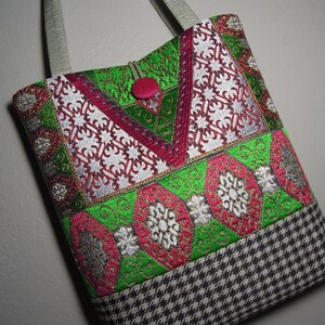 Tote Bag/Patchwork Bag - Handmade from Unique Upholstery Fabrics with Colorful Embroidered and Woven Geometric Patterns & Houndstooth Gusset
