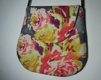 Messenger Bag / Cross Body Bag, Handmade from Upholstery Fabric with a Unique Colorful Floral Painting Pattern, Striped Strap & Round Flap