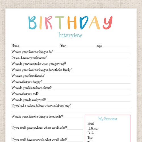 Birthday Interview Printable Birthday Questions Birthday Etsy UK