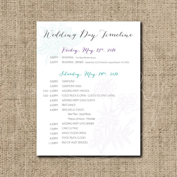Wedding Timeline Custom Wedding Program Printable Order Of Etsy