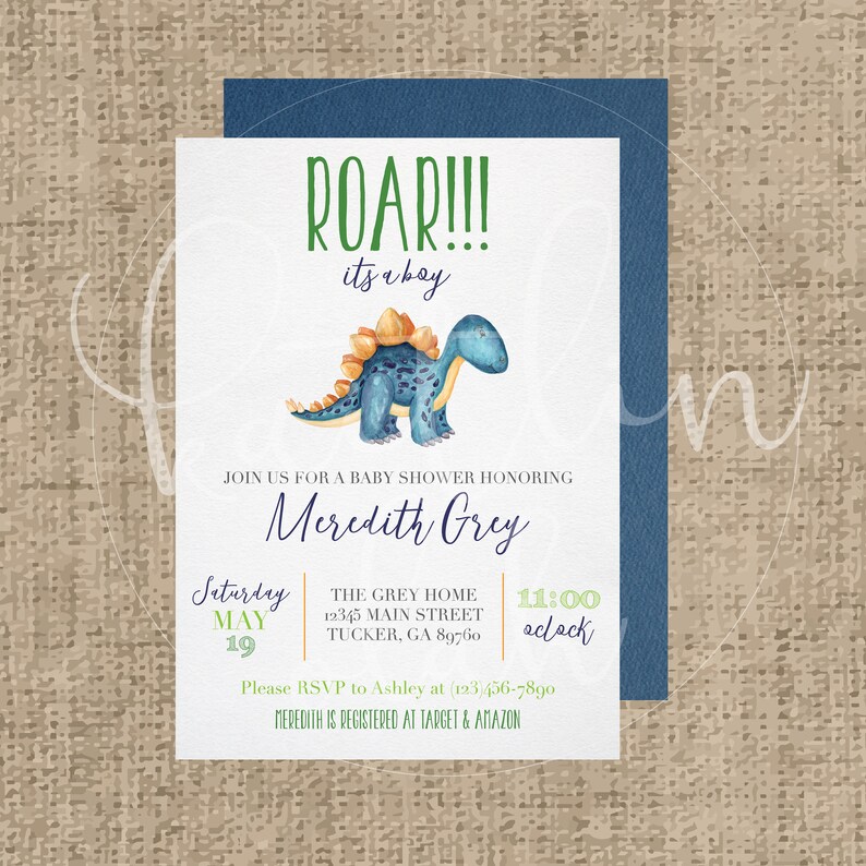 Custom Dinosaur Watercolor Baby Shower Invitation Printable Etsy