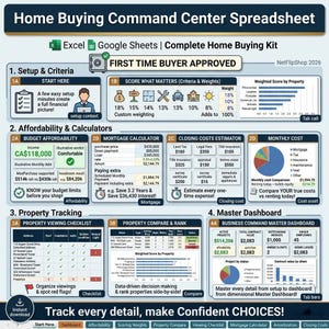 Può includere: Un foglio di calcolo digitale Home Buying Command Center per Excel e Google Sheets. Il layout include sezioni per la configurazione, calcolatori di convenienza, stime di mutuo, costi di chiusura, monitoraggio delle proprietà e una dashboard principale.