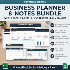May include: A digital business planner and notes bundle for Excel and Google Sheets. The interface displays a command center, dashboard, reports, habit tracker, and notes section. Features include client tracking, project pipelines, and daily planners.