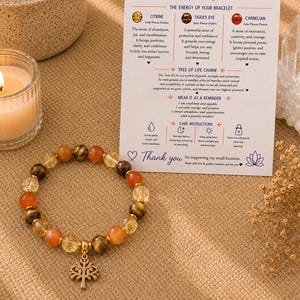 Armband met zonnevlechtmotief | Armband met citrien, tijgeroog en carneool | Armband met kristallen voor zelfvertrouwen | Handgemaakt edelstenen cadeau | Cadeau voor haar