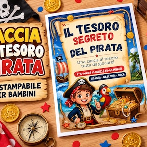 Op de afbeelding: Een printbare piratenspeurtochtset met een spelbord met een cartoonpiraat, een papegaai en een schatkist. De tekst luidt CACCIA AL TESORO PIRATA KIT STAMPABILE PER BAMBINI en IL TESORO SEGRETO DEL PIRATA met details over het spel.