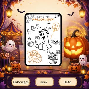 Peut inclure: Une carte d'activités rectangulaire intitulée ACTIVITÉS HALLOWEEN présentant des illustrations au trait noir et orange d'un fantôme avec un chapeau de sorcière, une chauve-souris, une citrouille, un ballon, un bonbon, un seau et un cupcake.