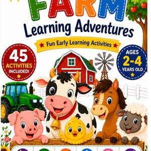 Puede incluir: Una colorida portada de libro educativo titulada FARM Learning Adventures con un granero rojo, un molino y animales de dibujos animados como una vaca, un caballo, un cerdo, una oveja y un pollito. Incluye 45 actividades para niños de 2 a 4 años, con iconos de emparejamiento, conteo, trazo, letras, formas y colorear.