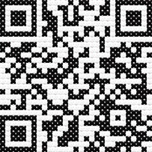 May include: A square QR code rendered in a black and white cross-stitch embroidery pattern. The design features the characteristic pixelated grid of a scannable code, composed of individual X-shaped stitches on a white fabric background.