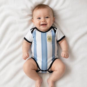 May include: A baby bodysuit featuring the light blue and white vertical striped pattern of the Argentina national football team. The garment has short sleeves with black trim, a black crew neckline, and the AFA logo with three gold stars.