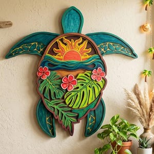 Decorazione murale in legno con tartaruga marina e fiore di ibisco, arredamento tropicale hawaiano, decorazione costiera a tema oceano, insegna nautica con tartaruga.