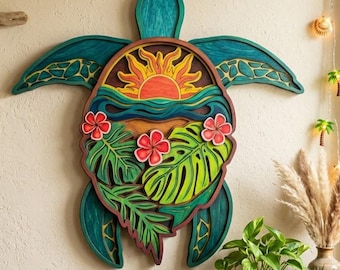 Sea Turtle and Hibiscus Flower Wooden Wall Art, Tropical Hawaiian Decor, Coastal Ocean Wall Hanging, Nautical Turtle Sign
