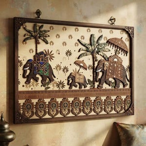 May include: A rectangular wooden wall art piece featuring three carved elephants in varying sizes, adorned with intricate patterns and parasols. The scene includes palm trees and a repeating floral motif on a light background, framed by a dark border.