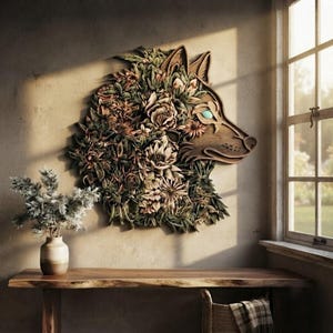 May include: A layered wooden wall art piece shaped like a wolf head, featuring intricate floral and leaf carvings integrated into the design. The wolf has a single visible eye with a light blue accent, and the wood displays natural brown tones.