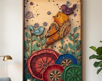 Kleurrijke vogel houten muurkunst, vogels op tak decor, op de natuur geïnspireerde lente muur hangen, rustiek huisaccent