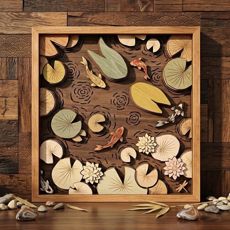 Op de afbeelding: Een vierkant houten wandkunstwerk met een meerlaagse vijversc&egrave;ne. Het kunstwerk bevat uitgesneden houten koivissen in oranje, wit en zwart, naast diverse waterleliebladeren in groen- en bruintinten en witte lotusbloemen.
