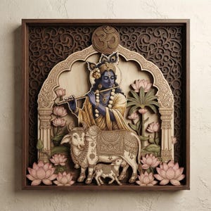 May include: A multi-layered wooden wall art piece featuring a blue-skinned figure playing a flute, accompanied by a cow and calf. The scene is framed by an ornate archway with an Om symbol at the top, surrounded by carved lotus flowers and foliage.