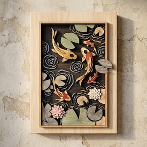 Op de afbeelding: Een rechthoekig houten wandkunstwerk met een gelaagde 3D-sc&egrave;ne van koivissen die zwemmen tussen waterleliebladeren en lotusbloemen. Het kunstwerk gebruikt tinten oranje, geel, wit en groen tegen een donkere houten achtergrond, ingelijst in licht hout.
