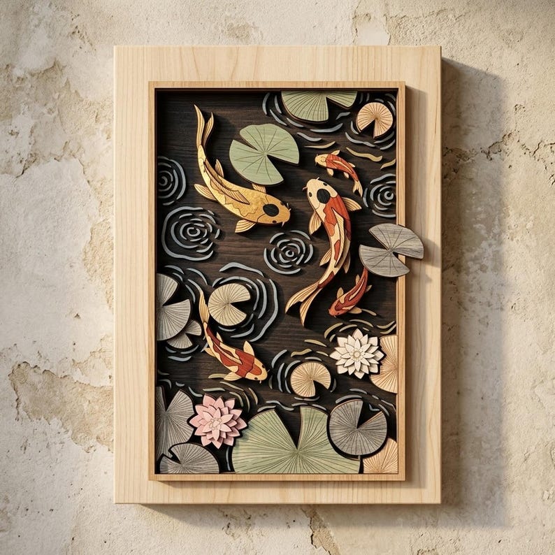 Op de afbeelding: Een rechthoekig houten wandkunstwerk met een gelaagde 3D-sc&egrave;ne van koivissen die zwemmen tussen waterleliebladeren en lotusbloemen. Het kunstwerk gebruikt tinten oranje, geel, wit en groen tegen een donkere houten achtergrond, ingelijst in licht hout.
