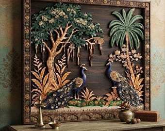 Vintage houten wanddecoratie met pauw, Indiase boho-stijl, exotische vogel wandhanger, kleurrijke botanische woonaccessoire, pauw cadeau