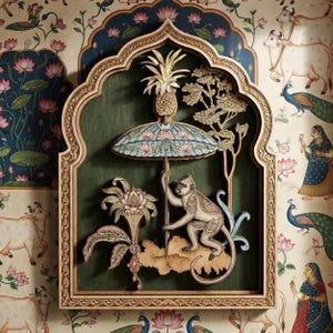 Cuadro de madera con mono travieso de circo indio, decoración bohemia india con animales, adorno de pared con mono juguetón, acento tropical colorido para el hogar.