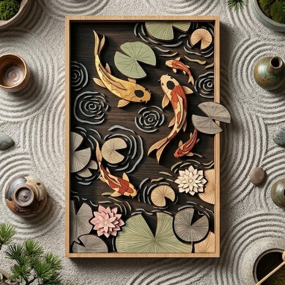 Koi Fish Wooden Wall Art, Japanese Zen Decor, Feng Shui Wall Hanging, Modern Living Room Bedroom Accent
