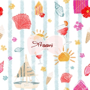 May include: A seamless pattern featuring watercolour illustrations of seashells, beach huts, sailboats, suns, cocktails, and ice cream cones on a white background with vertical light blue stripes. The text Praani Studio Printable art is visible.