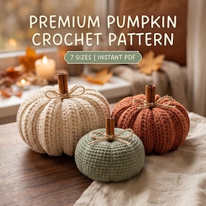 Op de afbeelding: Drie gehaakte pompoenen in crème, saliegroen en gebrand oranje, elk met een kaneelstokje als steeltje en een gestrikt touwtje. De tekst luidt PREMIUM PUMPKIN CROCHET PATTERN en 7 SIZES | INSTANT PDF, wat wijst op een digitaal document.
