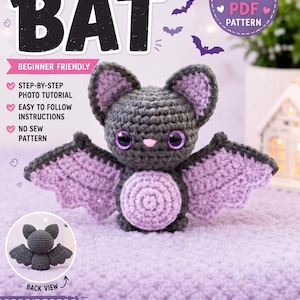 Puede incluir: Un patrón de ganchillo en PDF digital para un murciélago, con el texto CROCHET PATTERN BAT, BEGINNER FRIENDLY, STEP-BY-STEP PHOTO TUTORIAL, EASY TO FOLLOW INSTRUCTIONS, NO SEW PATTERN, DIGITAL DOWNLOAD PDF PATTERN y FINISHED SIZE 20-23 CM.
