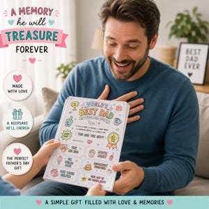 May include: A white paper certificate titled World's Best Dad with colorful illustrations of a trophy, foam finger, mug, teddy bear, popcorn, ice cream, pancakes, and car wash. The text includes spaces for a name, date, and various gift coupons.