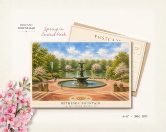 Bethesda Fountain NYC Postcard | Central Park Spring Watercolor (Digital Download)