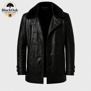 May include: A black double-breasted leather coat featuring a wide faux fur collar, long sleeves with buckled cuffs, and six front buttons. The BlackOak Leather Goods logo is visible in the upper left corner, featuring a tree icon and text.