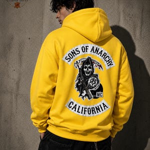 Mens Yellow Biker Hoodie | Skull Back Patch Hooded Sweatshirt | Heavyweight Fleece Motorcycle Hoodie | Streetwear Gift for Him