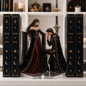 Op de afbeelding: Een decoratieve beeldjesset met twee figuren in donkere, versierde fantasiekleding die tussen vier boekvormige structuren staan. De boeken dragen de titels Realms of Gold, Shadows of Night, Hearts of Ember en Crowns of Fate in gouden letters.