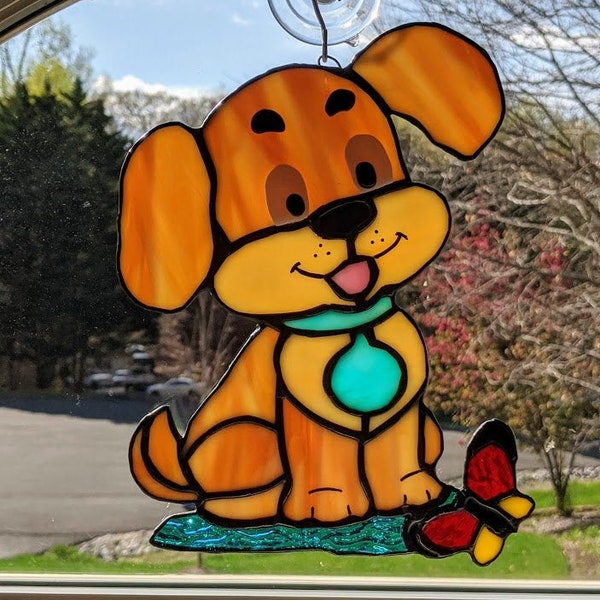 Dog Suncatchers/Puppy Stained Glass Suncatcher/Stained Glass Dog/Puppy Suncatchers/Butterfly Suncatchers/Nursery Decor