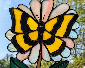 Butterfly Stained Glass Suncatcher, Flower Window Decor