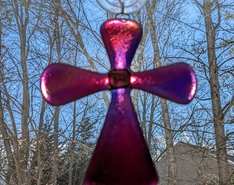 Purple Fused Glass Cross Suncatcher, Religious Hanging Decor