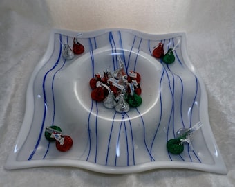 Fused Glass Serving Plate, Blue & White Veggie Tray