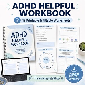 Könnte beinhalten: Ein spiralgebundenes ADHD Helpful Workbook mit 12 druckbaren und ausfüllbaren Arbeitsblättern. Das Set enthält eine tägliche Fokus-Checkliste, einen Gedanken-Check-in, ein ADHS-Zyklus-Diagramm und eine Brain-Dump-Seite neben einem Tablet.