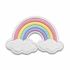 May include: An embroidered patch featuring a colourful rainbow arching over two white clouds. The rainbow consists of distinct bands in pink, yellow, light blue, and purple. The entire design is outlined with a white border on a plain background.