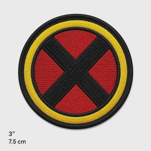 May include: A circular embroidered patch featuring a black X shape centred over a red background, enclosed by a thick yellow border and a thin black outer edge. The patch measures 7.5 cm in diameter as indicated by the text below the item.