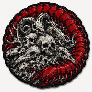 May include: A circular embroidered patch featuring a large red centipede coiled around a cluster of white and grey animal skulls, including a ram skull, a bird skull, and a human skull, all set against a dark background with a black border.