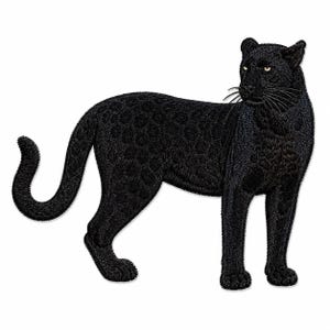 Könnte beinhalten: Ein gestickter Aufnäher, der einen schwarzen Panther in stehender Profilansicht zeigt. Der Panther hat detailliertes schwarzes Fell mit subtilen, tonalen Rosettenmustern, langen Schnurrhaaren und hellen Augen in einem realistischen, texturierten Stickstil.