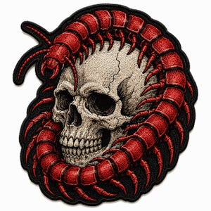 May include: An embroidered patch featuring a detailed beige human skull encircled by a long, segmented red centipede with numerous legs. The design is outlined in black thread, creating a high-contrast graphic element with intricate stitching.