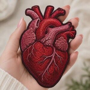 May include: An embroidered patch shaped like an anatomical human heart. The design features intricate stitching in various shades of deep red, crimson, and light pink, highlighting the arteries, veins, and chambers of the heart with a dark border.