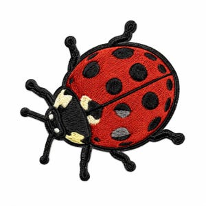 Puede incluir: Un parche bordado con forma de mariquita con alas de color rojo brillante que presentan puntos circulares negros. La cabeza es negra con marcas de color crema y seis patas negras delgadas se extienden desde los lados del cuerpo.