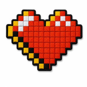 May include: A pixelated heart-shaped embroidered patch featuring a vibrant red center, white highlights, and yellow accents. The design is outlined in a thick black border, creating a distinct blocky, digital aesthetic reminiscent of classic video game graphics.